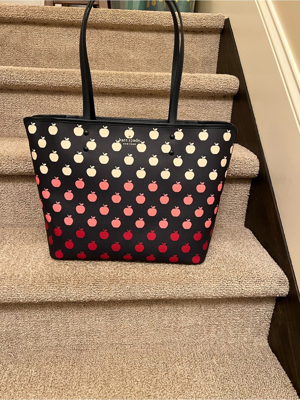 kate spade Black Tote with Cream, Pink and Red Apple Print